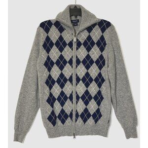 GANT 100% Wool Gray Navy Argyle Zip Cardigan Sweater - Made in Italy